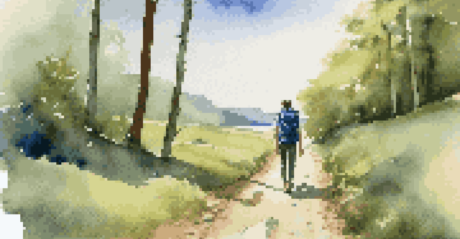 A backpacker on a scenic trail surrounded by green landscapes and a blue sky, carrying a minimalist backpack.