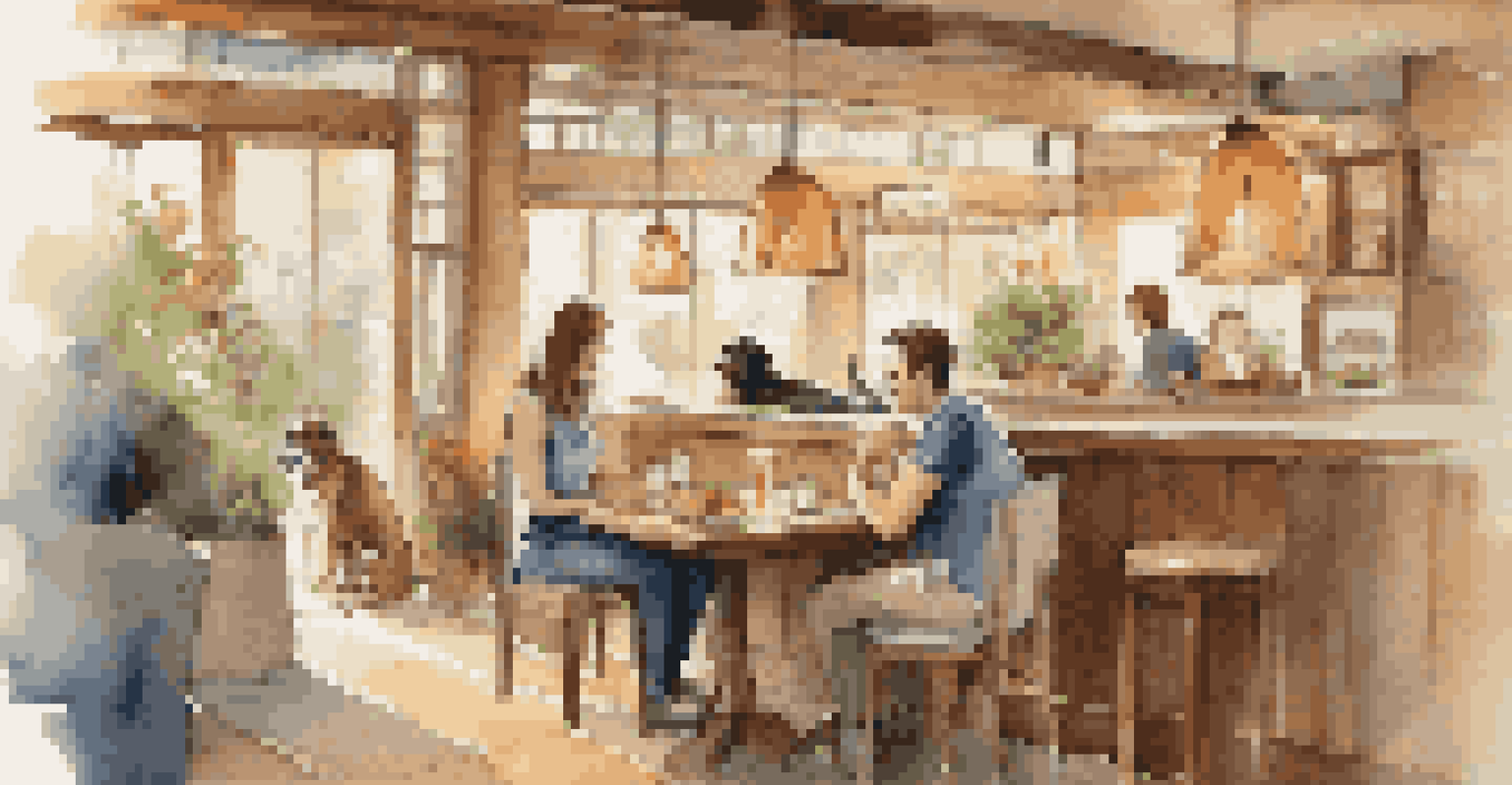 An inviting restaurant interior featuring a couple dining with their dog beside them, emphasizing the pet-friendly ambiance.
