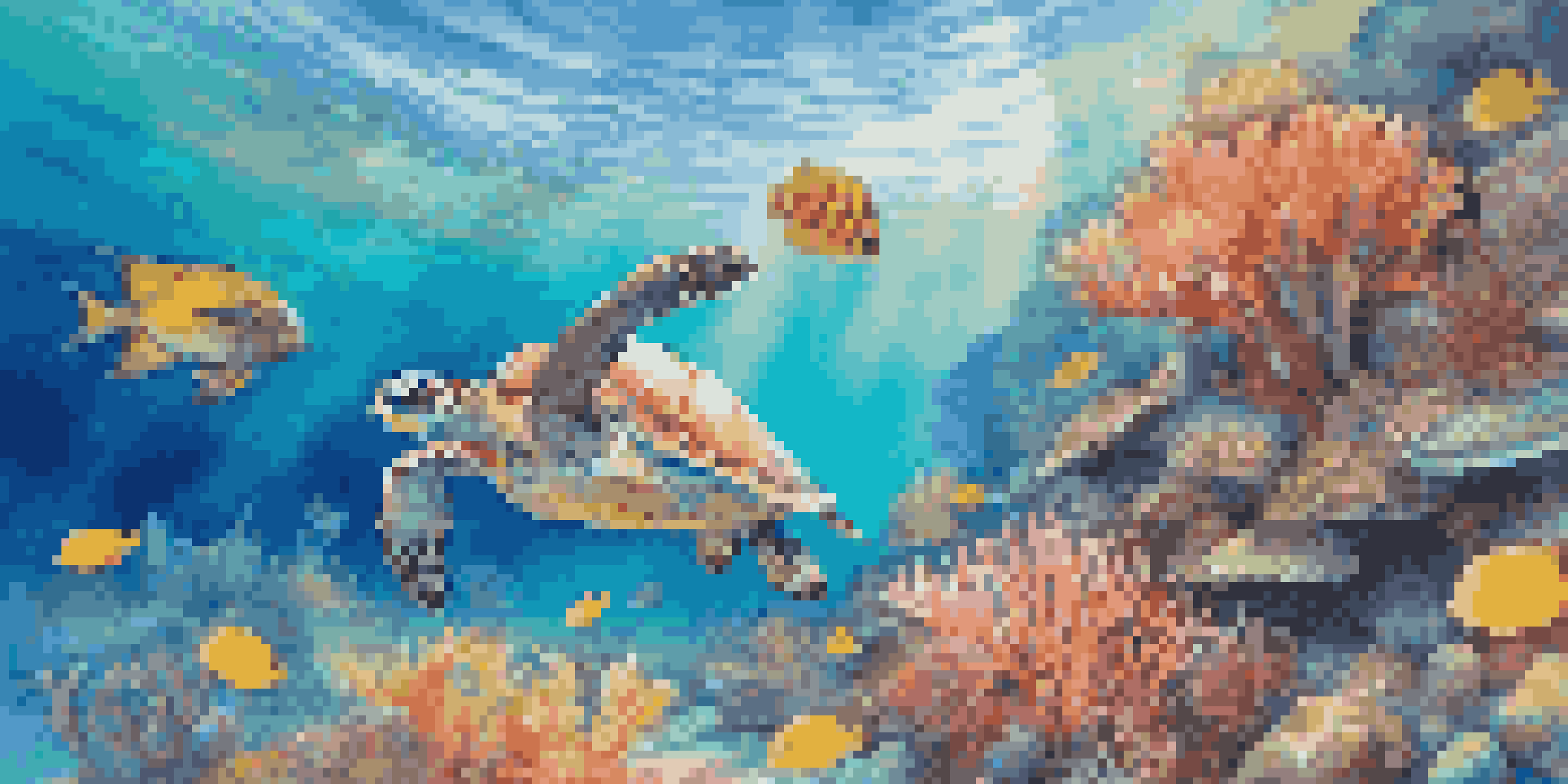 An underwater scene showing colorful coral reefs and tropical fish, with a sea turtle swimming in clear blue water.