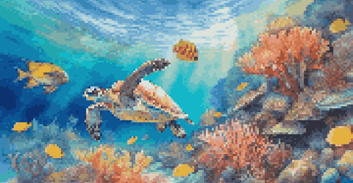 An underwater scene showing colorful coral reefs and tropical fish, with a sea turtle swimming in clear blue water.