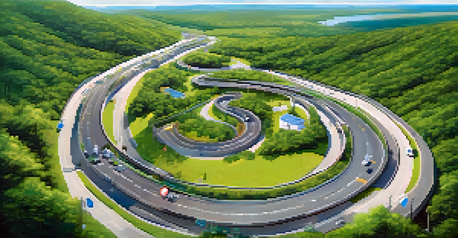 Aerial view of a winding highway with accessible rest stops, surrounded by greenery and scenic overlooks under a blue sky.