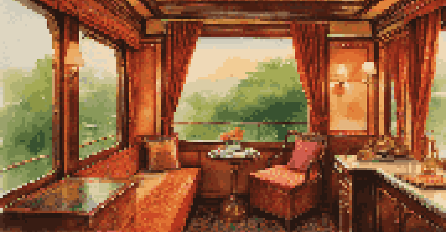 An elegant train suite with Indian decor, showcasing plush bedding and a view of the Indian countryside.