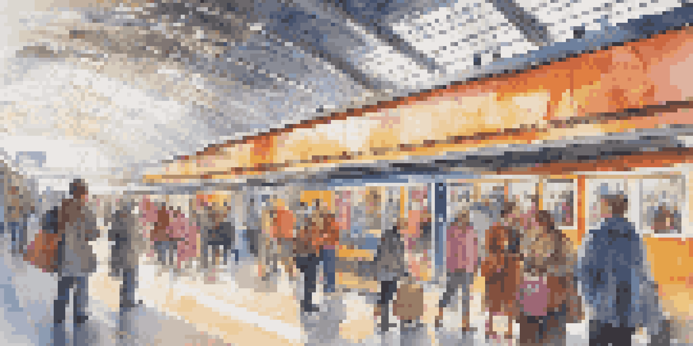 A busy train station featuring digital ticketing kiosks and passengers using smartphones, with bright advertisements and natural light.