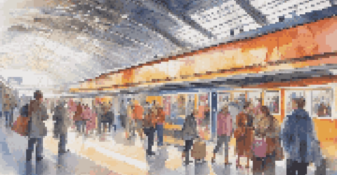 A busy train station featuring digital ticketing kiosks and passengers using smartphones, with bright advertisements and natural light.