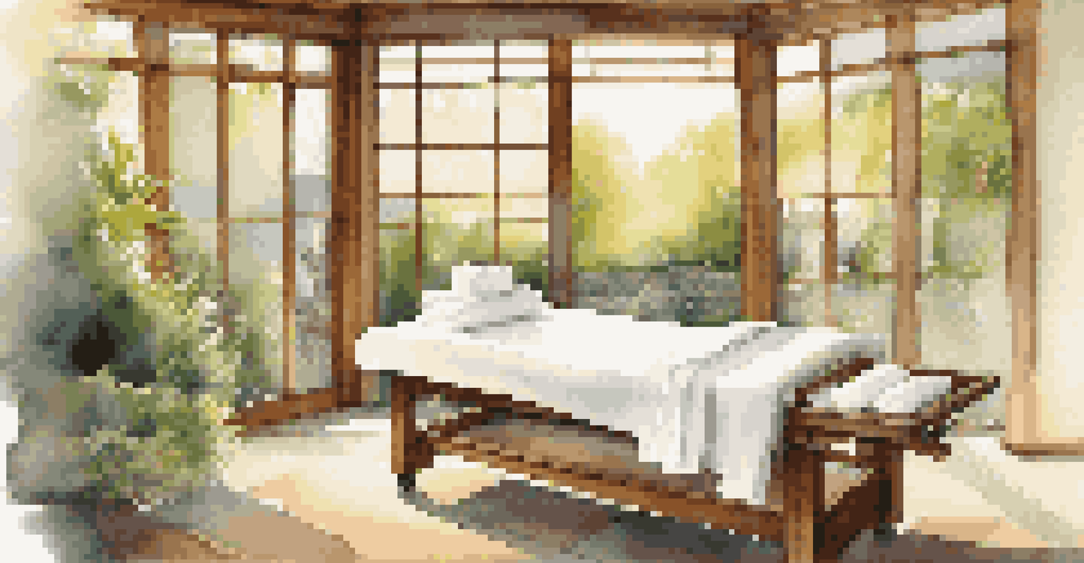 A peaceful wellness spa room with a massage table, candles, and a view of a garden through large windows.