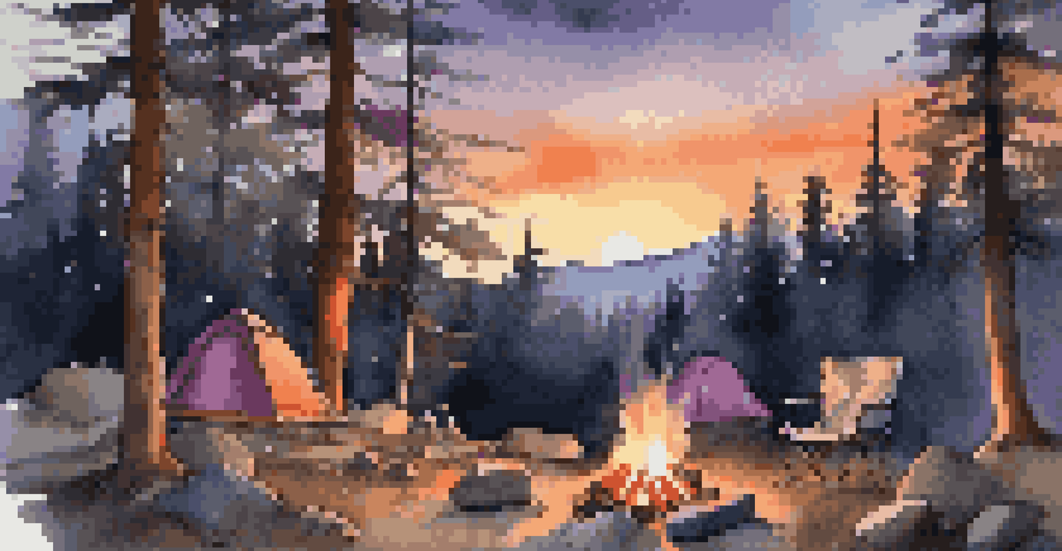 A camping scene in a national forest at dusk with a tent and a campfire.