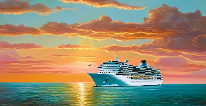 A cruise ship sailing on calm turquoise waters during a colorful sunset, with clouds reflecting pink and orange hues in the sky.