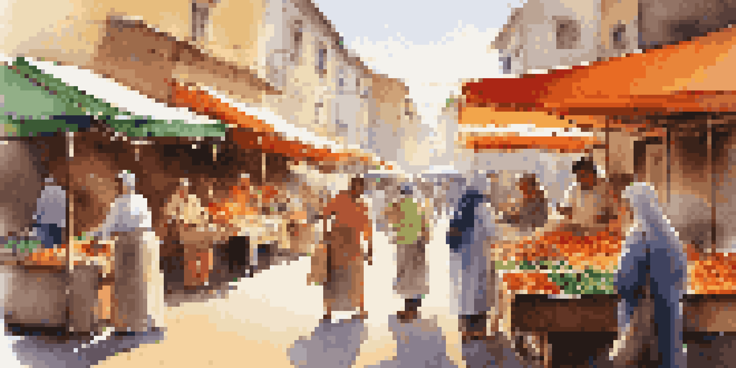 A lively outdoor market with colorful stalls and a vendor engaging with a traveler.