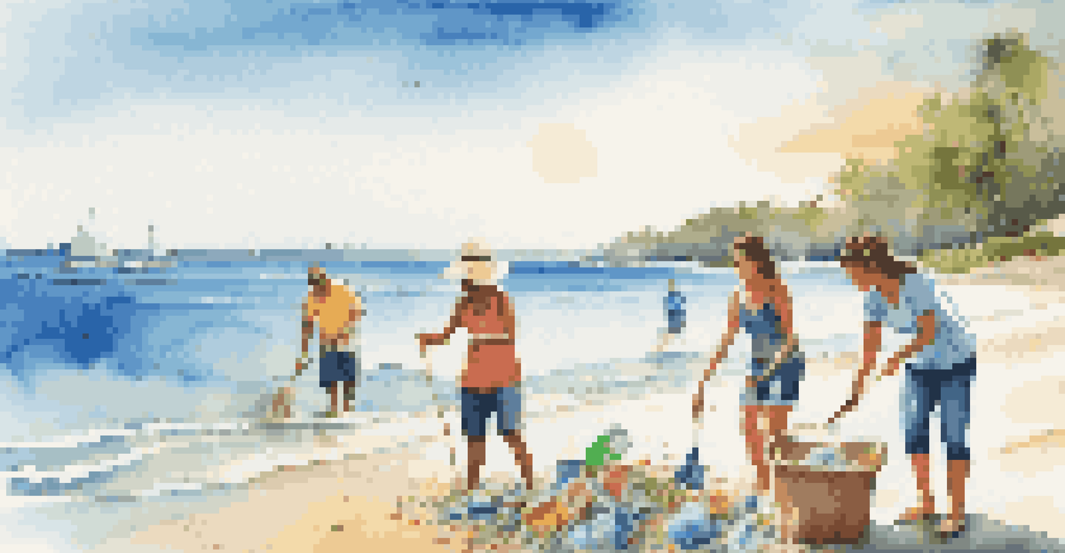 Friends participating in a beach cleanup, collecting waste on a sunny beach with clear blue water.