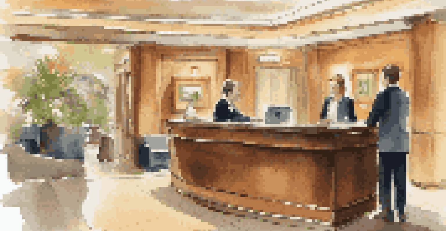 A couple checking into a hotel at the reception desk, with a welcoming atmosphere in the lobby.