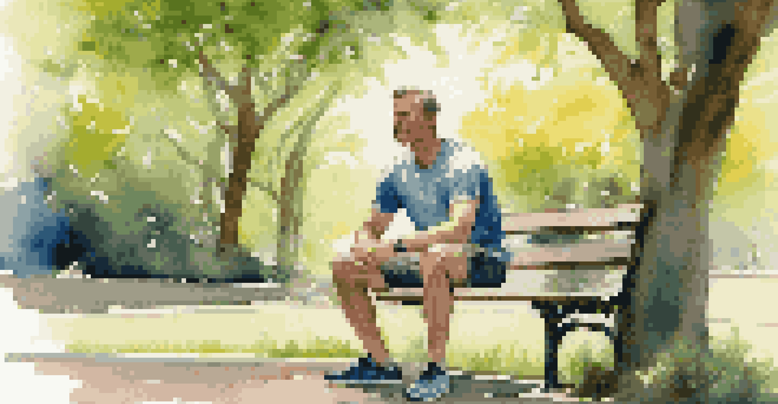 A man in a lightweight t-shirt and shorts sitting on a park bench in a sunny outdoor setting.
