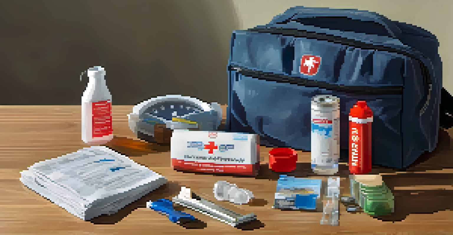 An emergency preparedness kit with essential items like water and a flashlight on a table.