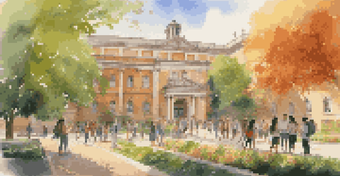 A diverse group of students discussing their studies on a historic university campus, surrounded by greenery and flowers in golden sunlight.