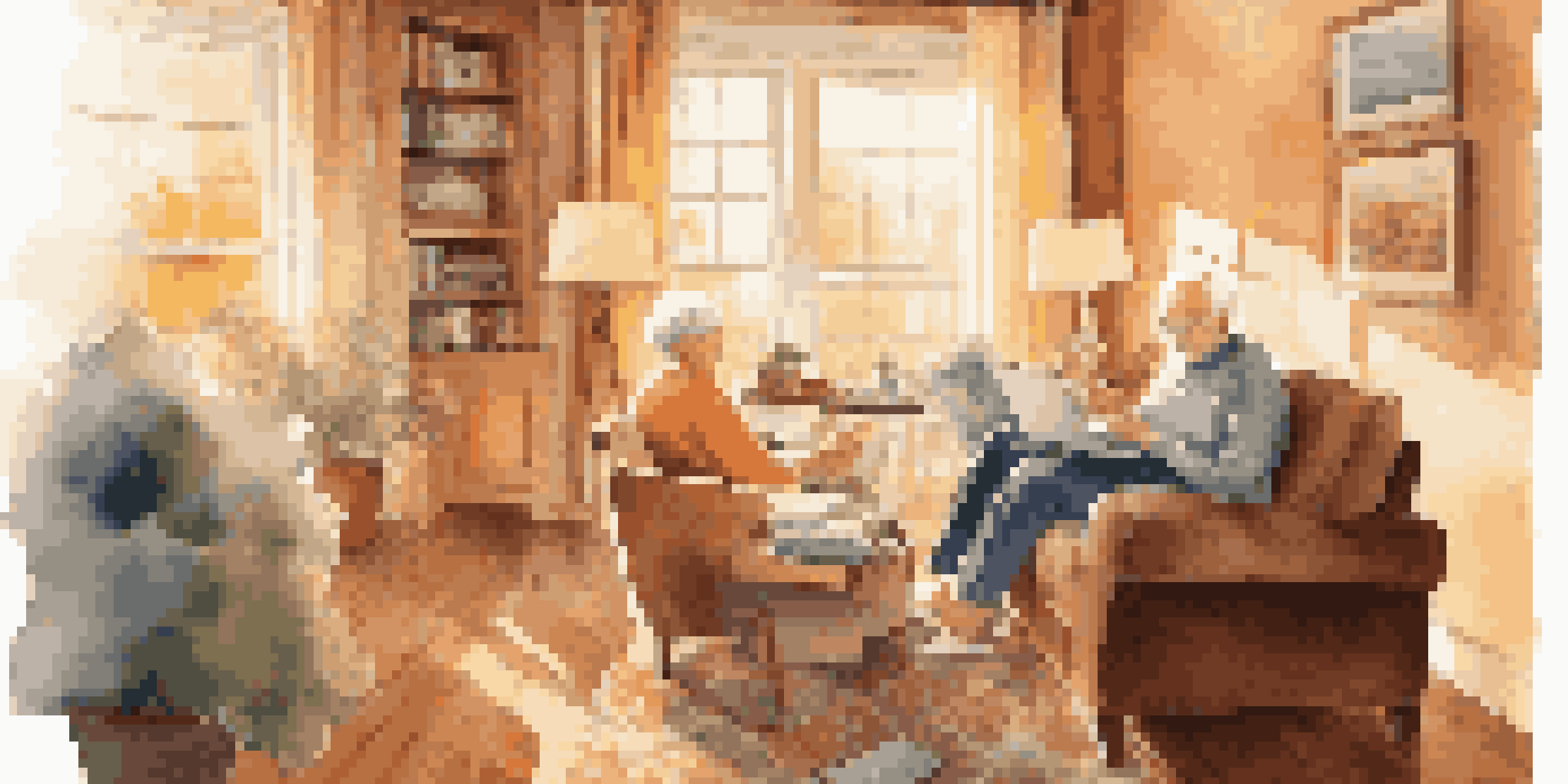 A senior couple sitting in a bright living room, planning their travels with maps and a laptop.