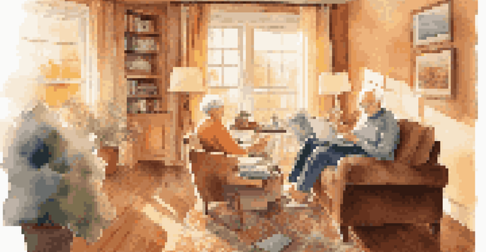 A senior couple sitting in a bright living room, planning their travels with maps and a laptop.