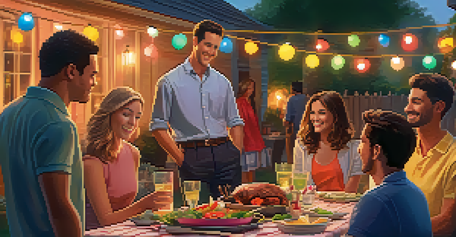 Friends enjoying a backyard barbecue in smart casual attire, with colorful decorations and a grill, under warm evening light.