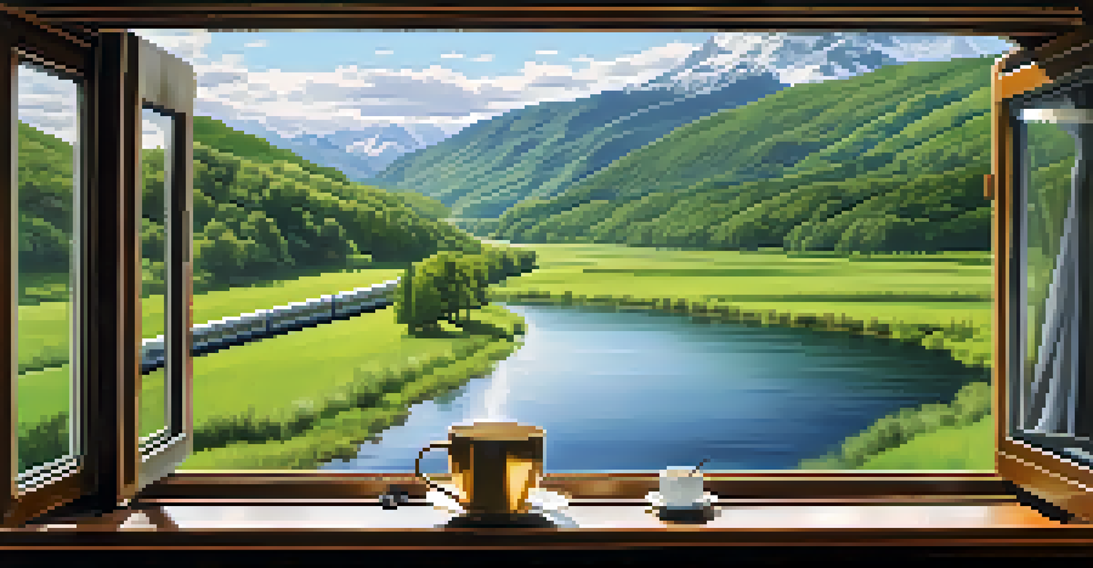 A traveler enjoying a scenic train ride, sipping from a travel mug, with beautiful landscapes visible through the window.