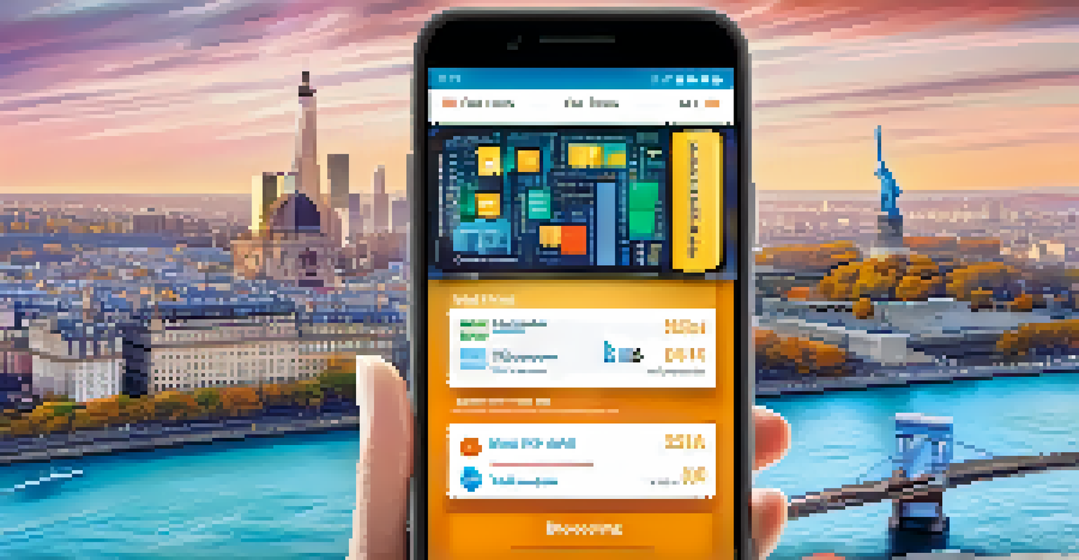 A smartphone displaying a digital wallet interface with cryptocurrency transactions and famous travel landmarks in the background.
