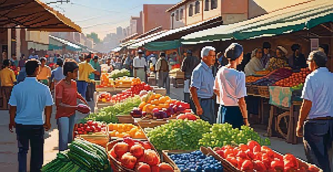 A vibrant local market during golden hour with diverse people interacting and colorful stalls.
