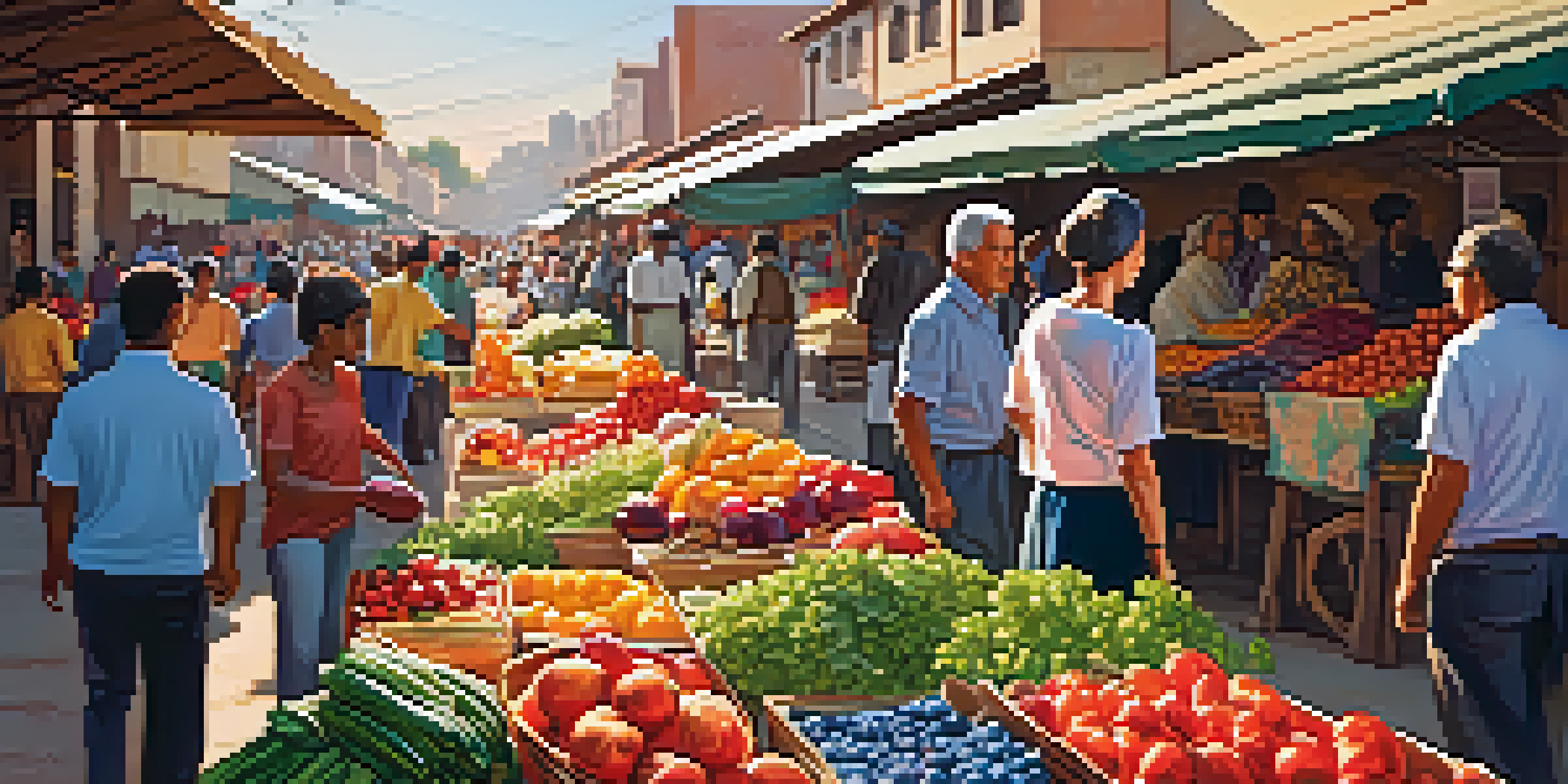 A vibrant local market during golden hour with diverse people interacting and colorful stalls.