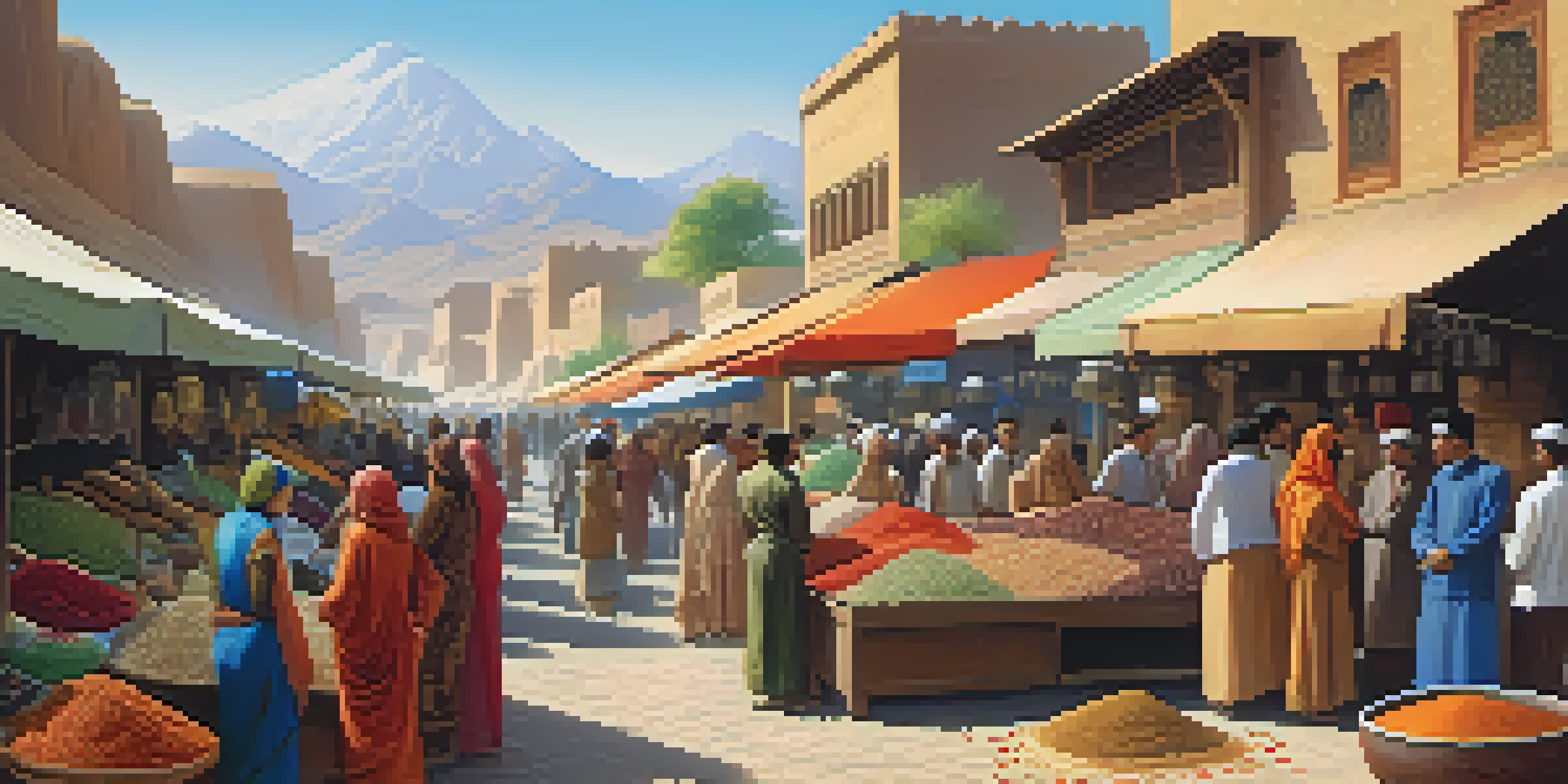 A lively market on the Silk Road with colorful stalls of spices and silk, featuring diverse merchants and travelers against a desert and mountain backdrop.