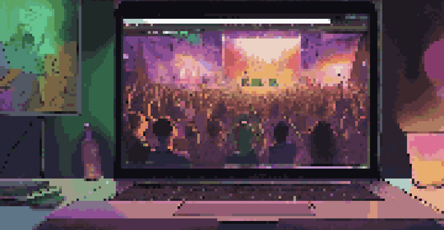 A close-up of a laptop showing a live stream of a virtual music festival, with a viewer engaged in the experience.