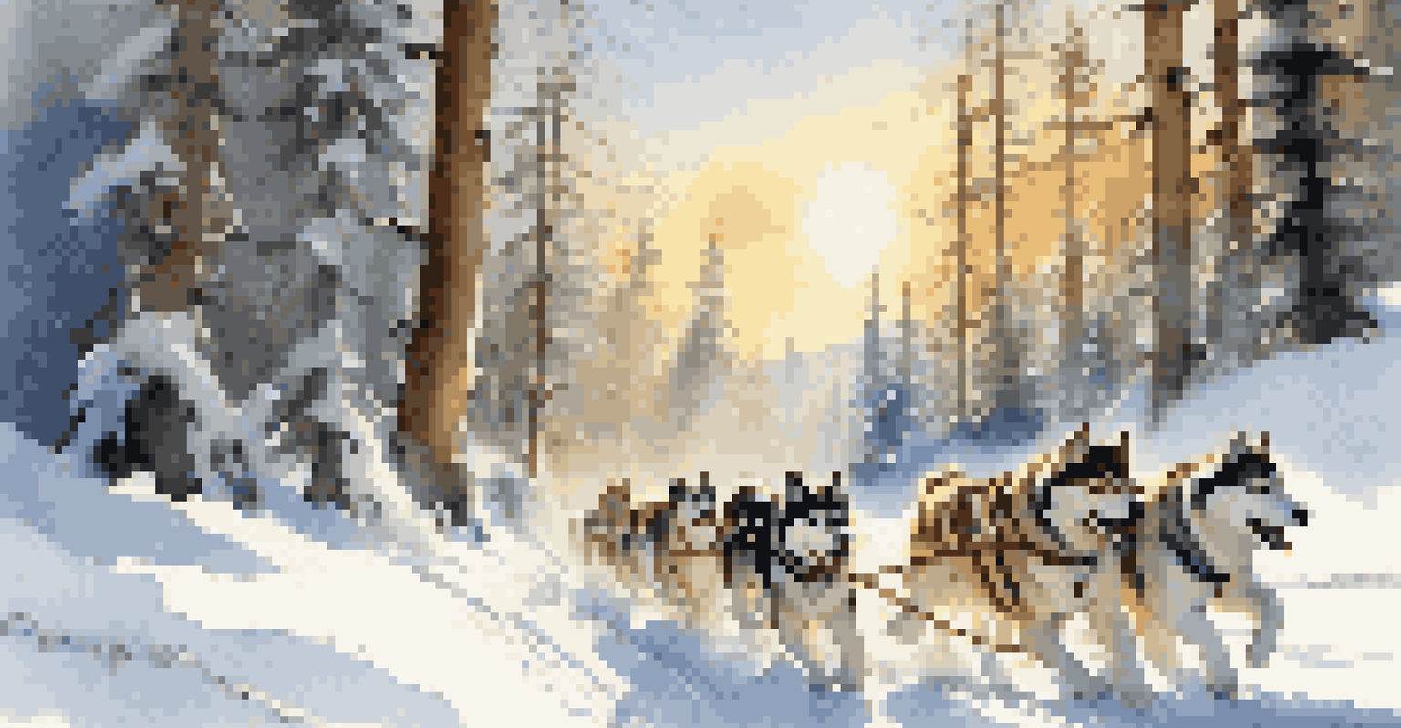 A group of people dog sledding in a snowy forest with huskies in front.