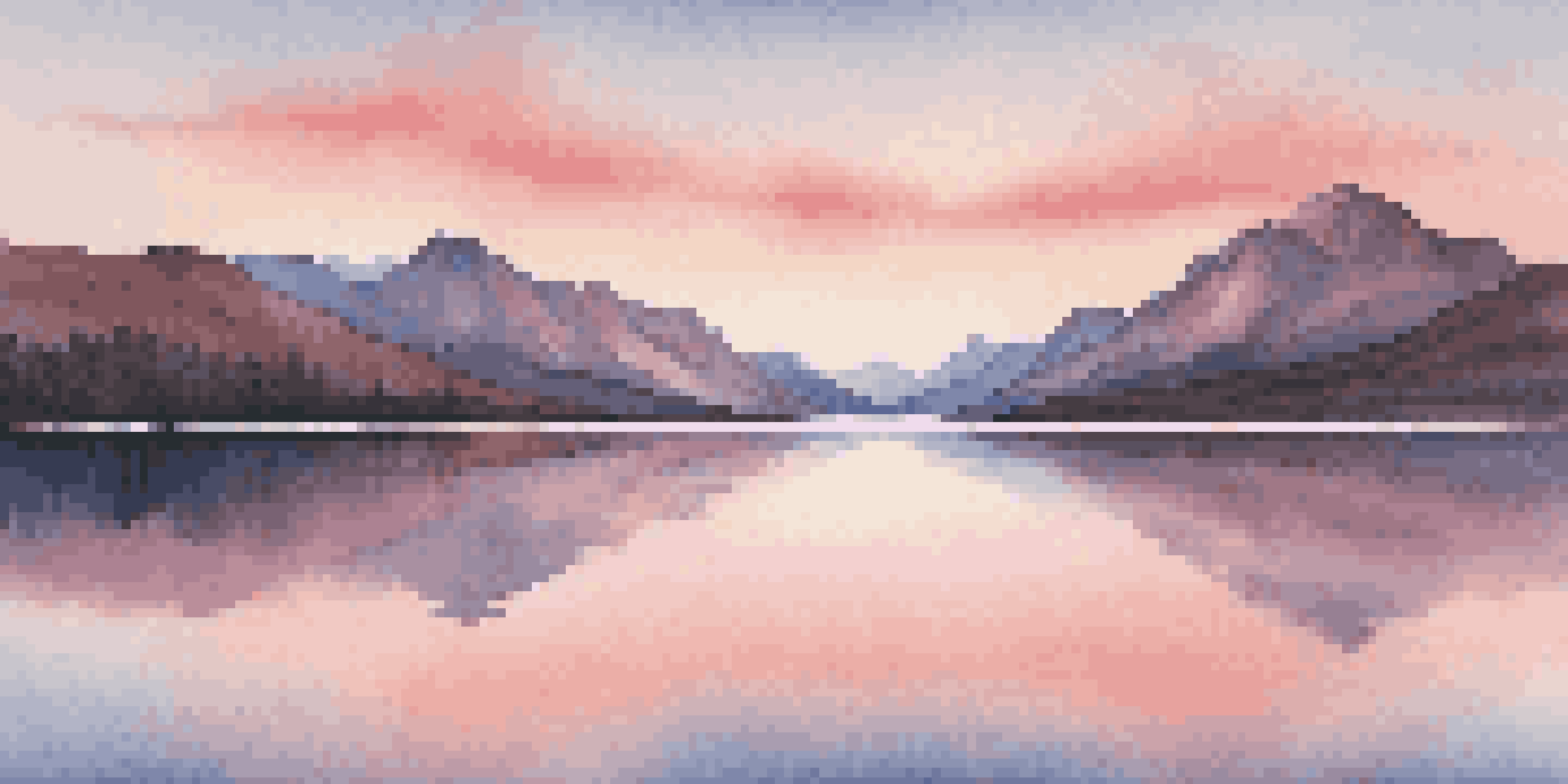 A landscape at sunrise with a mirrored lake and mountains, showcasing peaceful colors.
