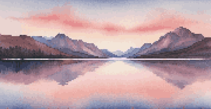A landscape at sunrise with a mirrored lake and mountains, showcasing peaceful colors.