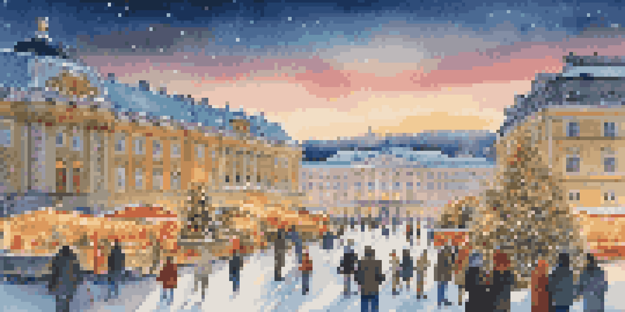 A couple enjoying hot chocolate in front of Schönbrunn Palace during winter, surrounded by a vibrant Christmas market.