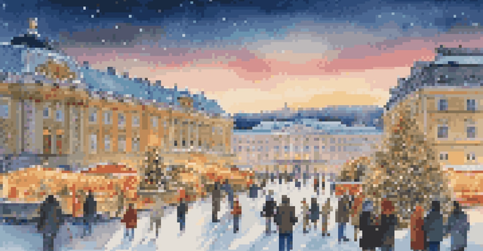 A couple enjoying hot chocolate in front of Schönbrunn Palace during winter, surrounded by a vibrant Christmas market.