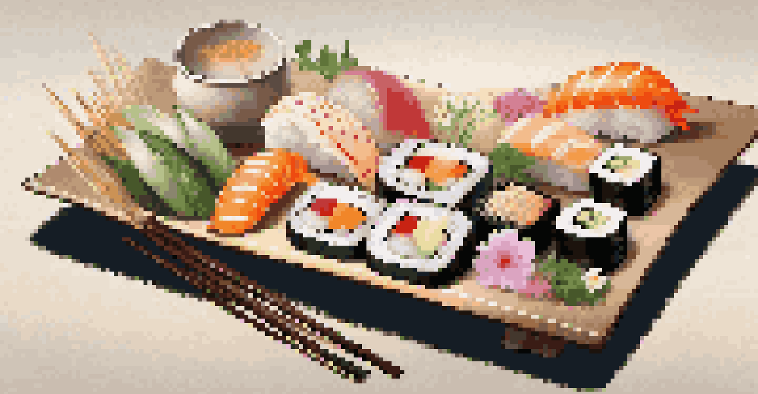 An artistically arranged sushi platter featuring different types of sushi, garnished with vegetables and flowers on a wooden table.