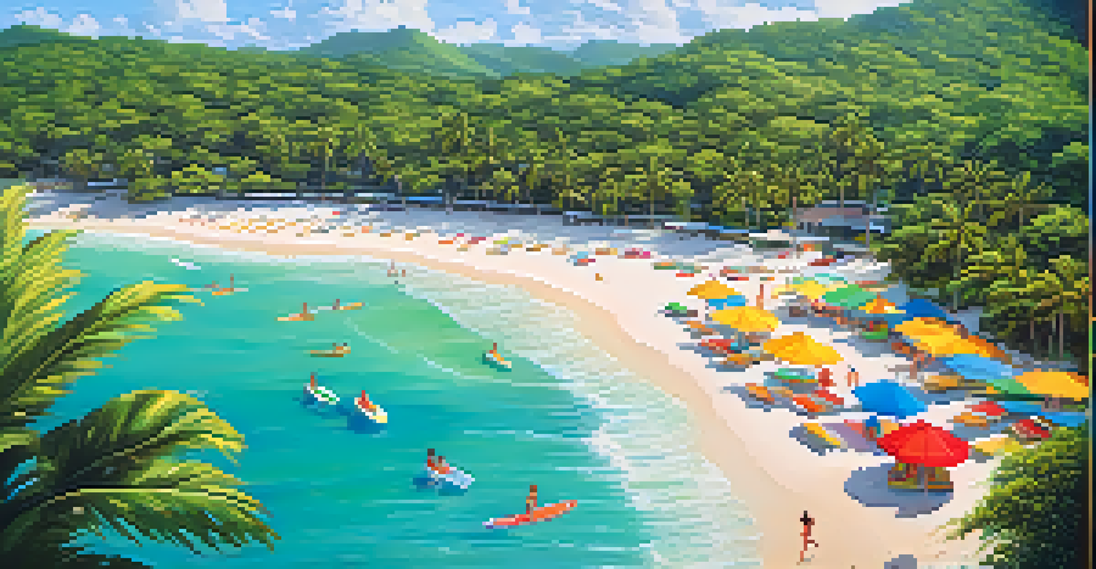 A colorful Caribbean beach from above, with golden sands, clear waters, and people engaging in water sports under a bright sun.