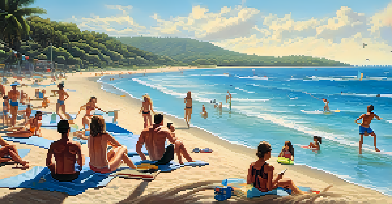 A vibrant beach scene with people enjoying various activities such as lounging, playing volleyball, and engaging in water sports.