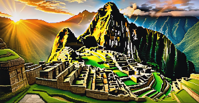 A scenic view of Machu Picchu at sunrise, with ancient stone buildings and green mountains shrouded in mist.