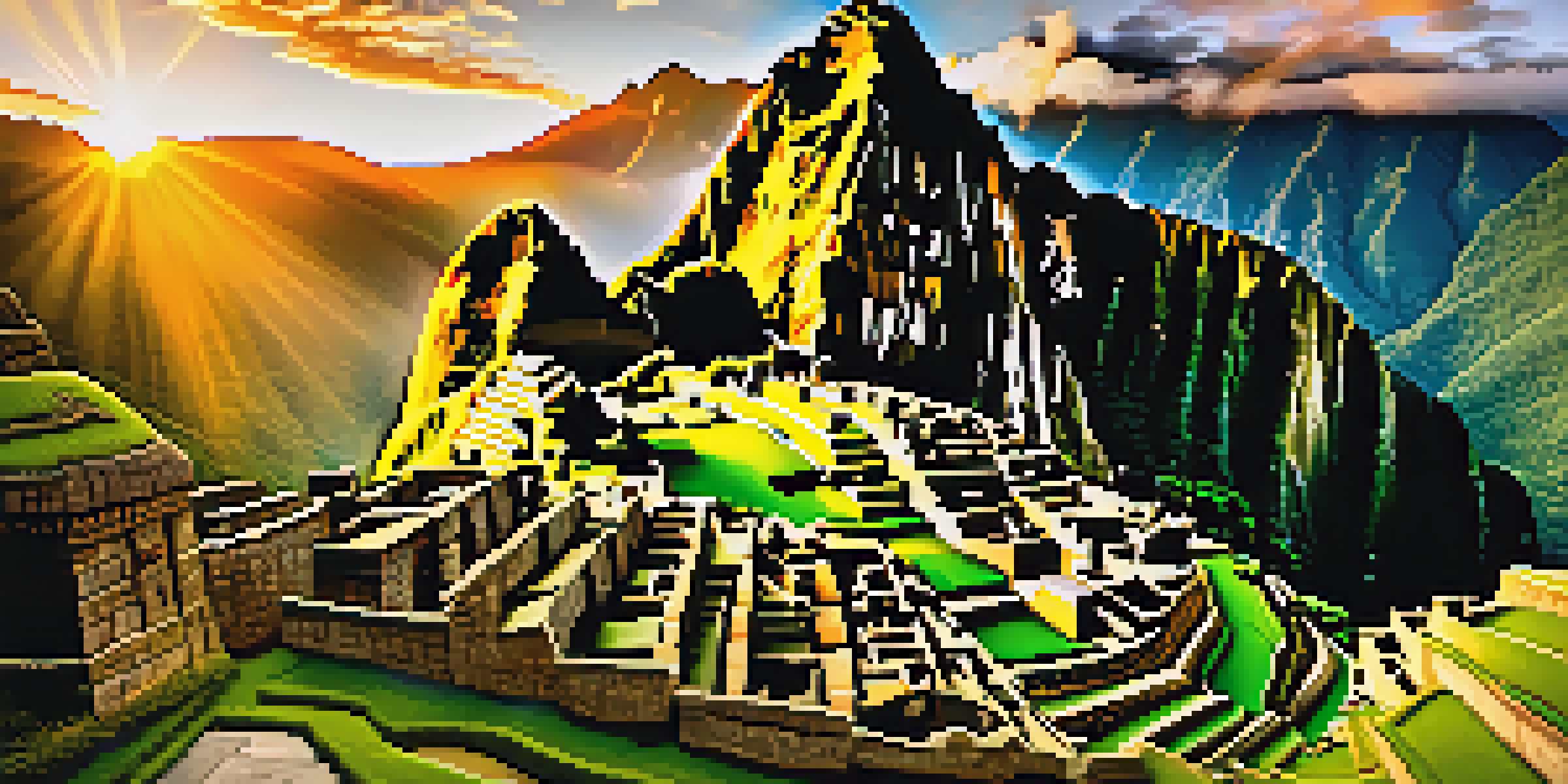 A scenic view of Machu Picchu at sunrise, with ancient stone buildings and green mountains shrouded in mist.