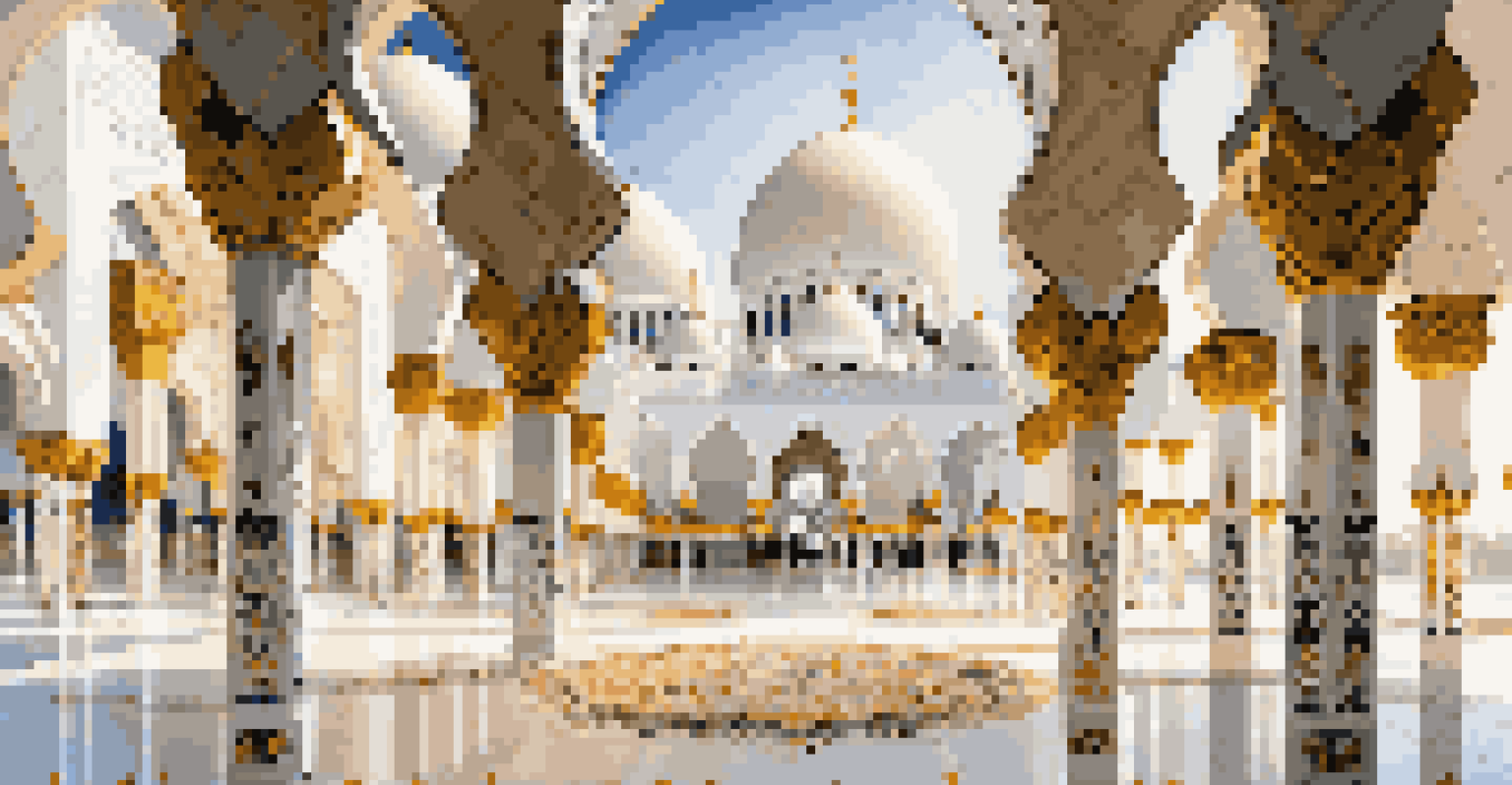 An interior view of the Sheik Zayed Grand Mosque, showcasing intricate floral patterns and a large chandelier in a serene environment.