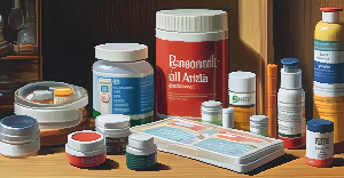 A travel kit containing medications and first aid supplies is displayed on a wooden table with a world map in the background.