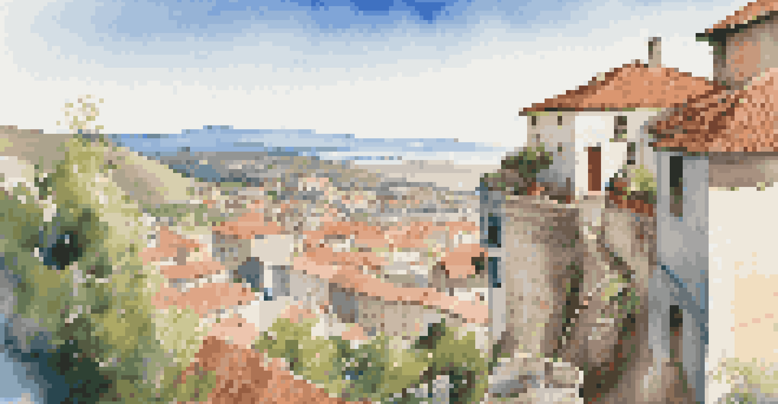 A stunning viewpoint of a vibrant town surrounded by hills, with people exploring the area.