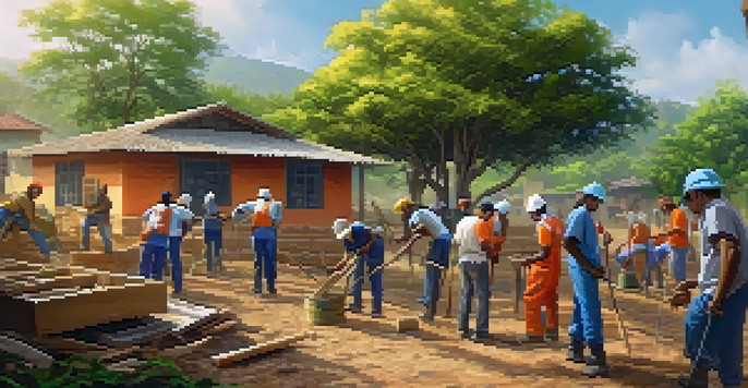 A diverse group of volunteers collaborating to build a community center in a rural village, surrounded by greenery and traditional houses.
