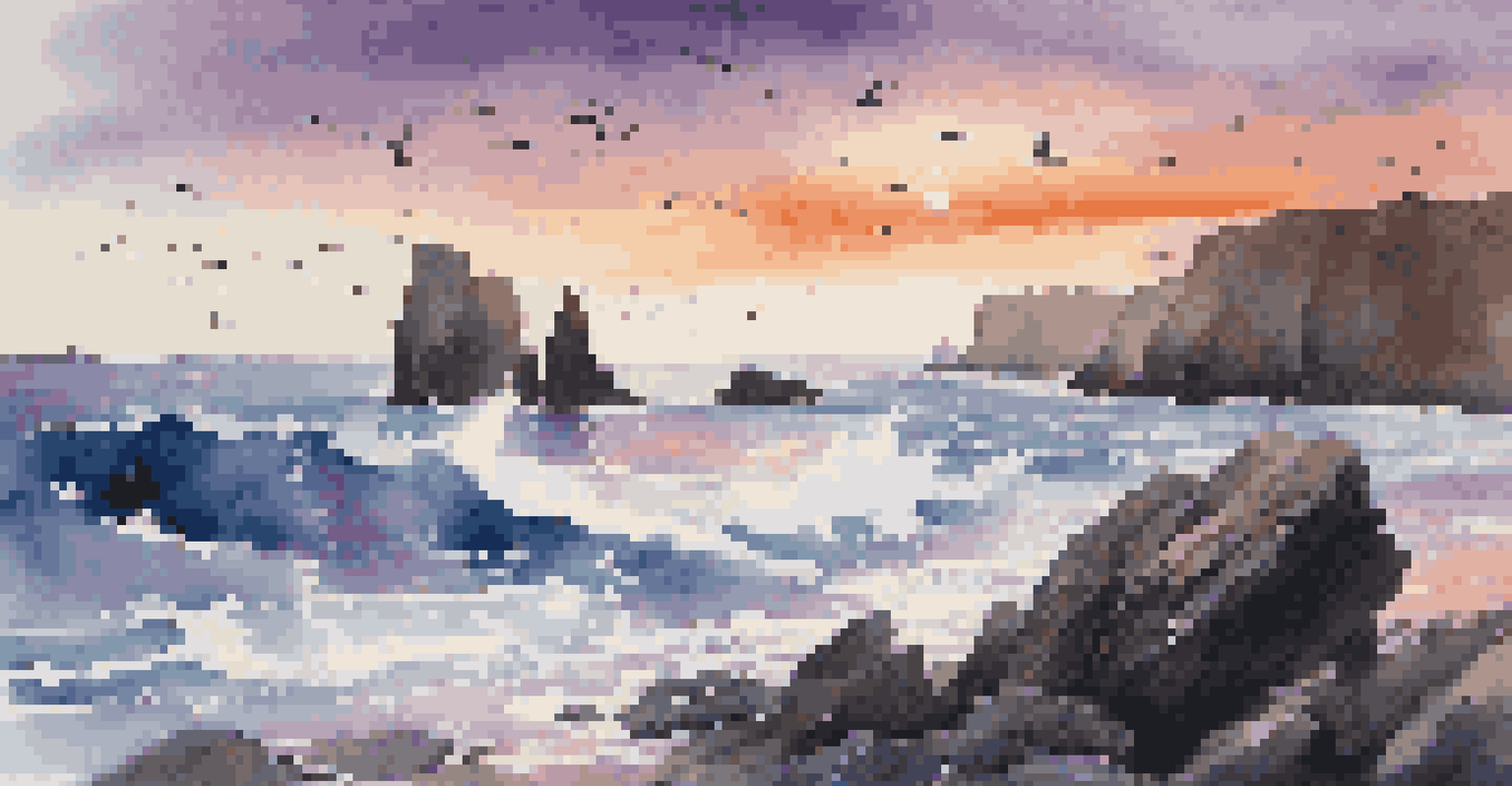 A stunning rocky coastline at sunset with crashing waves and colorful skies, featuring seabirds in flight.