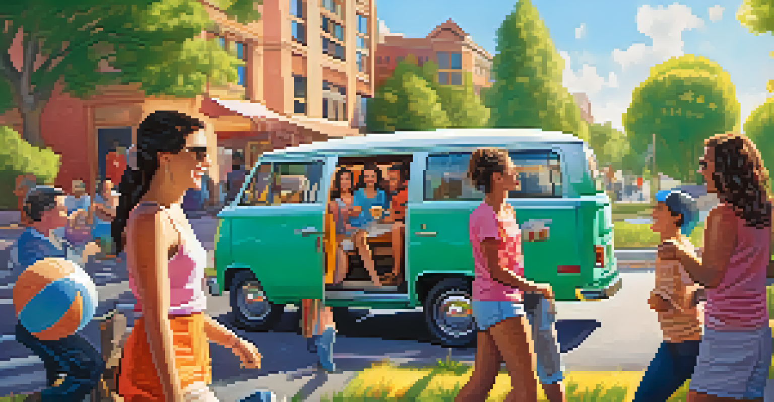 A colorful van filled with friends carpooling to a sports event, with snacks in the interior and a sunny landscape outside the window.