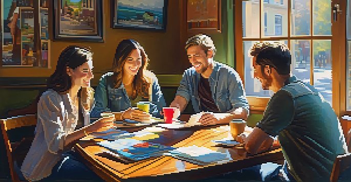 A group of friends planning their travel in a café, surrounded by brochures and laptops, with sunlight illuminating the scene.