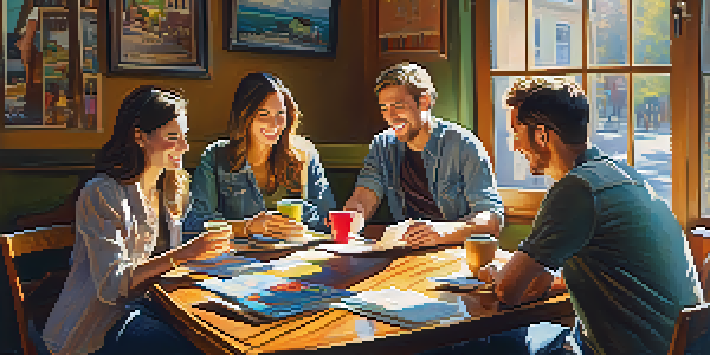 A group of friends planning their travel in a café, surrounded by brochures and laptops, with sunlight illuminating the scene.