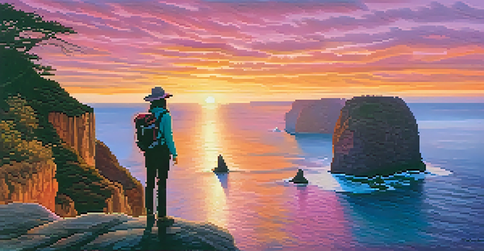 A traveler at the edge of a cliff overlooking an ocean at sunset, with vibrant colors in the sky.
