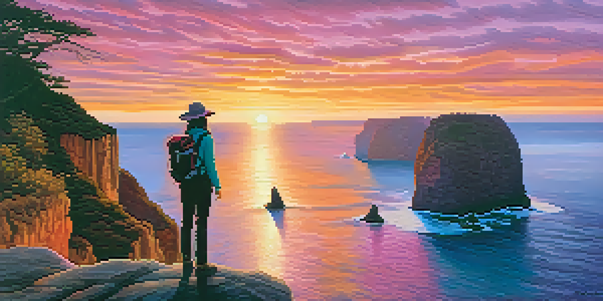 A traveler at the edge of a cliff overlooking an ocean at sunset, with vibrant colors in the sky.