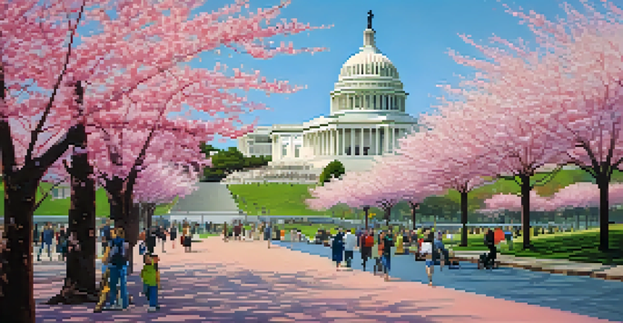 A lively spring scene with cherry blossoms in Washington, D.C., featuring visitors enjoying the beautiful flowers and iconic landmarks in the background.