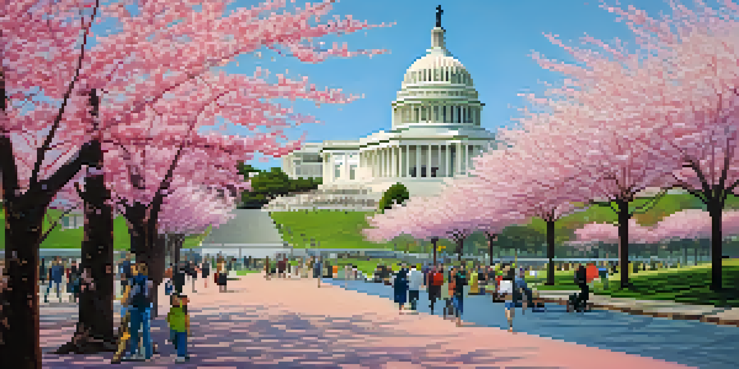 A lively spring scene with cherry blossoms in Washington, D.C., featuring visitors enjoying the beautiful flowers and iconic landmarks in the background.