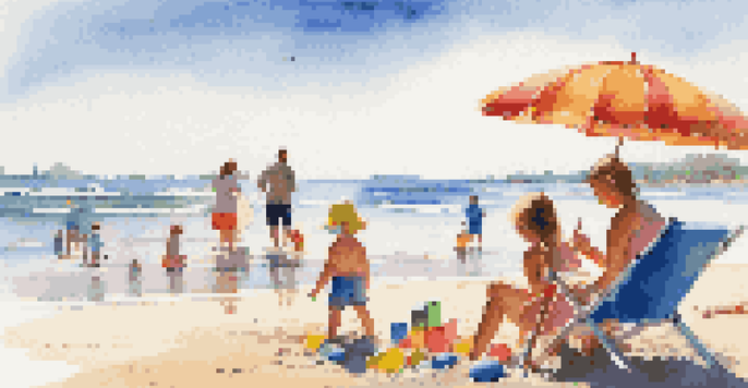 A family having fun at the beach, with children playing in the sand and parents relaxing under an umbrella.