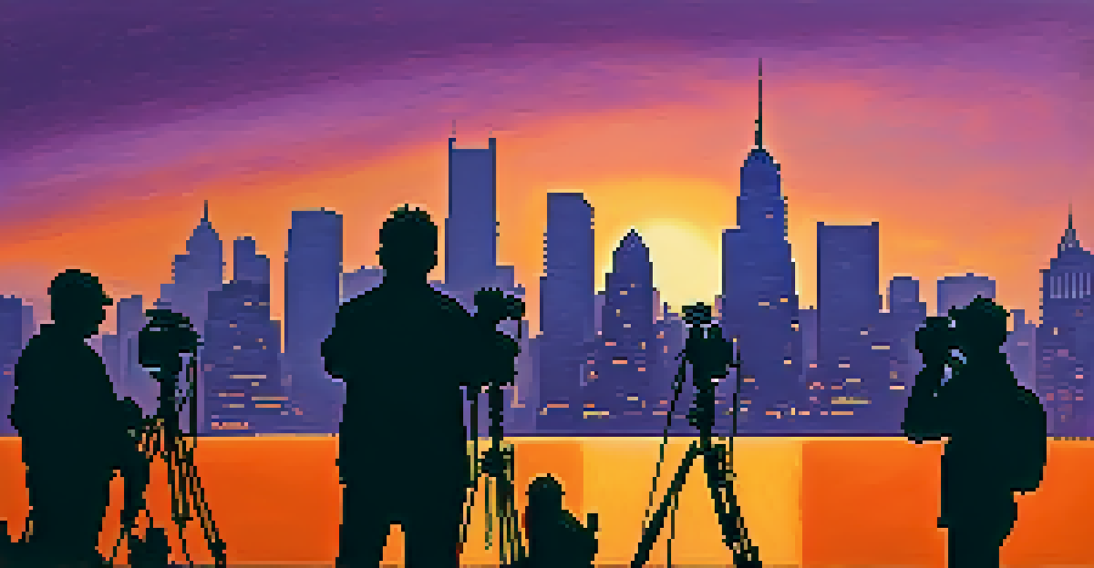 Silhouettes of photographers during a photo walk at sunset with a city skyline in the background.